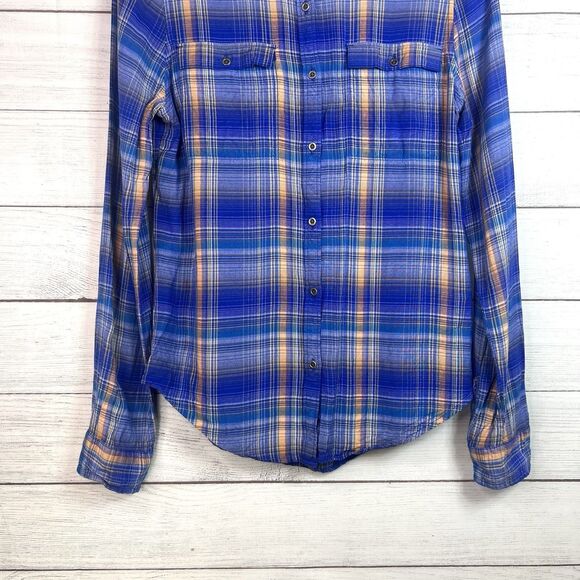 Roxy Womens Blue Orange Flannel Shirt Plaid Long Sleeve Button Up Viscose Size M - Picture 5 of 12